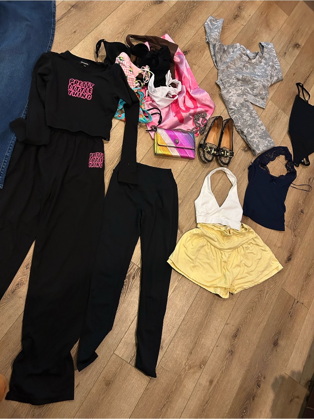 PrettyLittleThing Black Track Pants & Crop Top Set with Pink Logo